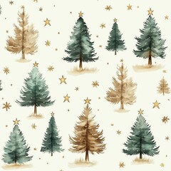 Obraz premium Watercolor Christmas trees pattern. Neutral color palette with gold stars, snowflakes. Minimalist design. Soft textured seamless background. Suitable for holiday decor, festive mood. Christmas