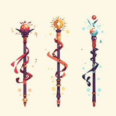 Set of vector wands in fantasy style with elegant ornamentation inspired by magic and mystical elements. Suitable for design, illustration, fantasy projects and decoration on white background.