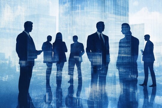 Business team silhouette, business network connection, and digital technology concept with double exposure of a group of people working together in an office on a blue background Generative AI