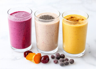 various glasses of different fresh healthy smoothies