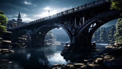 Fototapeta premium A picturesque view of a grand iron bridge stretching over a calm river at twilight. The architectural elegance of the bridge contrasts with the surrounding natural beauty, creating a serene and