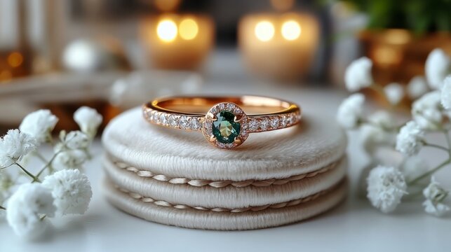 Elegant gold ring with emerald and diamonds surrounded by white flowers and candles - Powered by Adobe