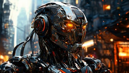 A menacing robotic figure with glowing orange eyes stands tall in a futuristic cyberpunk city. The detailed metallic structure and fiery atmosphere evoke a sense of advanced technology and dystopian