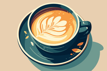 Cup of coffee with a leaf design on the side