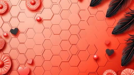 Neon coral hexagon patterned background, gradient from light coral to deep coral, deep coral pearls, light coral hearts, and black feathers