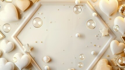 Neon cream hexagon background, gradient from vanilla to cream, cream pearls, vanilla glitter, bubbles, a cream frame, vanilla hearts, and cream-flavored chocolate hearts