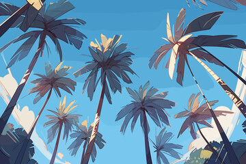 Painting of palm trees with a blue sky in the background