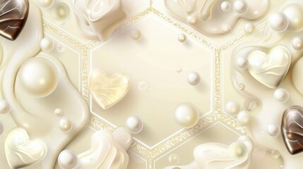 Neon cream hexagon background, gradient from vanilla to cream, cream pearls, vanilla glitter, bubbles, a cream frame, vanilla hearts, and cream-flavored chocolate hearts