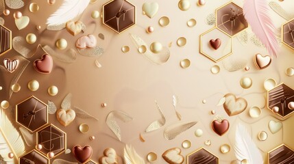 Neon gold hexagon pattern, gradient from cream to chocolate, chocolate pearls, cream hearts, and pink feathers