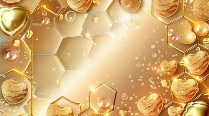 Neon gold hexagon pattern, gradient from light gold to rich gold, gold pearls, light gold glitter, bubbles, a gold frame, gold hearts, and gold-dusted chocolate hearts