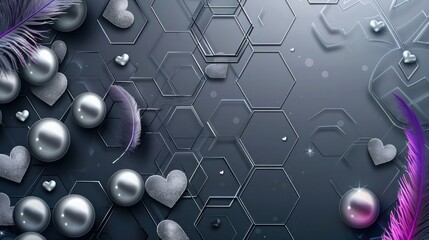 Neon gray hexagon patterned background, gradient from silver to dark gray, dark gray pearls, silver hearts, and purple feathers