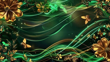 Neon green wave lines enriched by an emerald canvas, framed by golden flowers and butterflies, merging the abstract with natural beauty