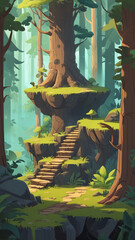 Mobile game asset: 2d forest environment, woods and steps. Level design, cartoon style, platform 