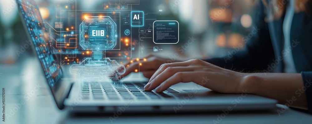 Poster person types on laptop with ai elements. virtual assistant chatbot interface displayed on screen. ai