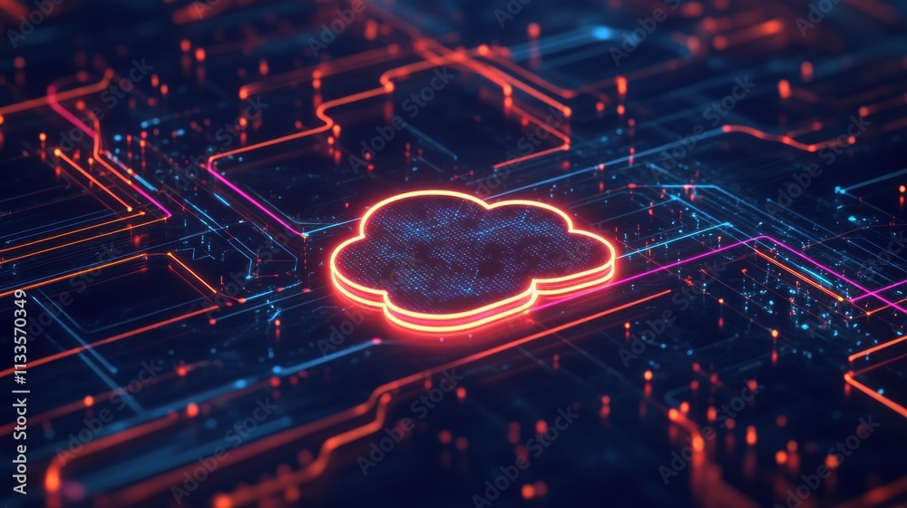 Fototapete central cloud icon represents digital cloud services on an intricate background of neon lines, highl