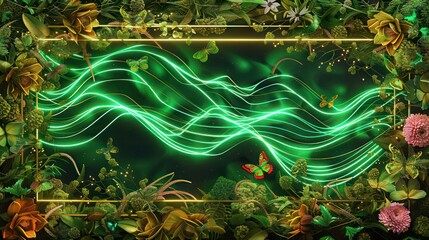 Neon green wave lines on an emerald background, encased in a golden frame of flowers and butterflies, combining nature with abstract art