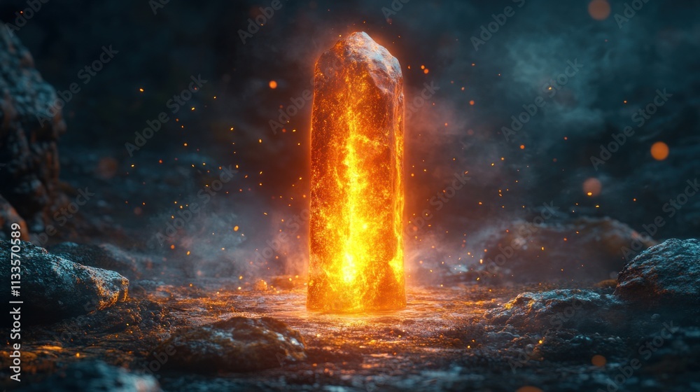 Canvas Prints Fiery rock pillar, glowing embers, dark landscape.