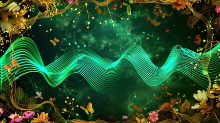 Neon green wave lines on an emerald background, encased in a golden frame of flowers and butterflies, combining nature with abstract art