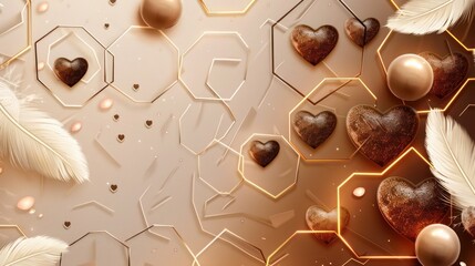 Neon hexagon background in beige with light brown feathers, gradient from vanilla to espresso, espresso pearls, vanilla glitter, with espresso hearts