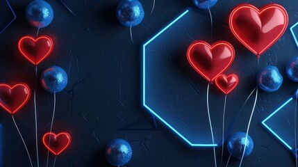 Neon hexagon background in blue with red heart-shaped balloons, gradient from sky blue to navy, navy pearls, and sky blue glitter