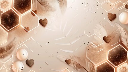 Neon hexagon background in beige with light brown feathers, gradient from vanilla to espresso, espresso pearls, vanilla glitter, with espresso hearts