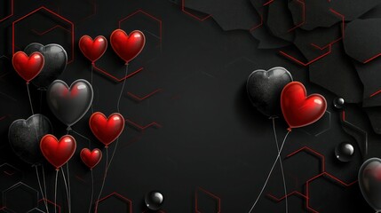 Neon hexagon background in black with red heart-shaped balloons, gradient from charcoal to black, black pearls, and charcoal glitter