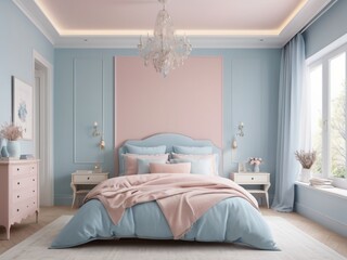pastel themed bedroom with soft pink and blue decor for a calm atmophere