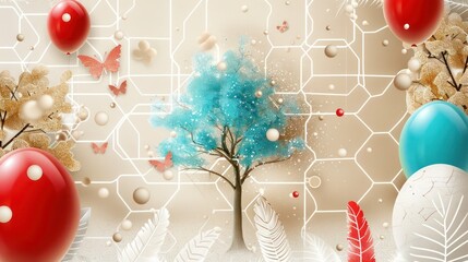 Neon hexagon background in beige, white lattice, blue and turquoise tree, red balloons, colorful feathers, beige glitter butterflies with shining dust, gradient vanilla to espresso