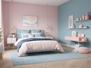 Fototapeta premium pastel themed bedroom with soft pink and blue decor for a calm atmophere