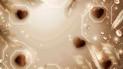 Neon hexagon background in beige with light brown feathers, gradient from vanilla to espresso, espresso pearls, vanilla glitter, with espresso hearts