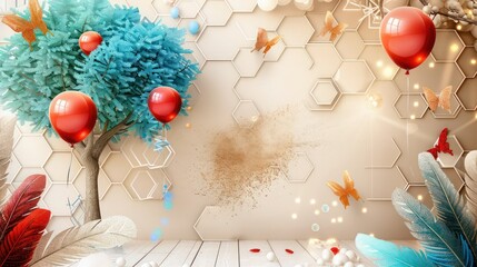 Neon hexagon background in beige, white lattice, blue and turquoise tree, red balloons, colorful feathers, beige glitter butterflies with shining dust, gradient vanilla to espresso