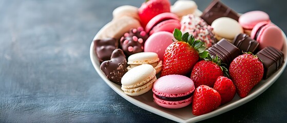 Obraz premium A delightful assortment of colorful macarons, chocolates, and fresh strawberries arranged beautifully on a plate, perfect for dessert lovers and special occasions.