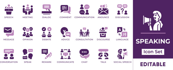 Speaking Icon Set. Features editable icons for speaking symbols, communication, conversation, dialogue, presentation, and more. Perfect for communication, education, and public speaking designs.