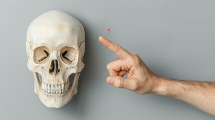 Obraz premium Doctor points to a skeletal skull, highlighting neuralgia and headache for medical education. Focus on anatomy in this highquality image.