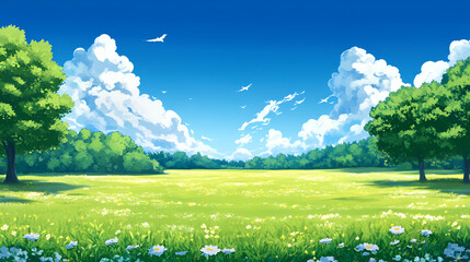 Sunny Meadow Landscape With Lush Green Trees And Blue Sky