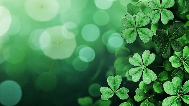 Background of green clovers against a out of focus background for a Saint Patrick's Day themed advertisement.