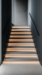 Modern minimalist staircase with subtle led lighting and sleek black railings in elegant architecture interior design for contemporary spaces