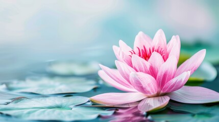 A stunning pink water lily blooms amidst lush green leaves, showcasing natures beauty and tranquility. Perfect for decor