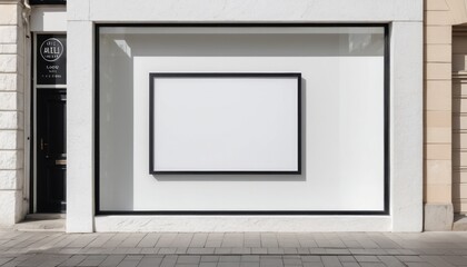 A large advertisement frame in a modern shop window, taken from outside the shop in the day time, in a minimalist style, simple and elegant. The walls and floors are white stone.