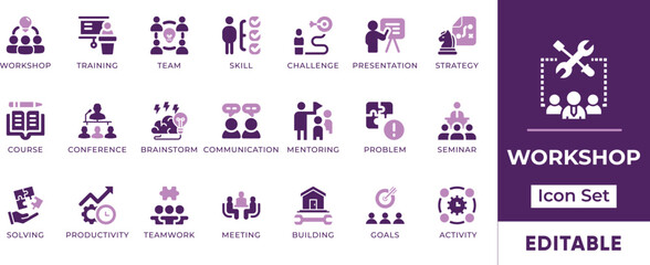 Workshop Icon Set. Features editable icons for workshop symbols, training, team, skill, challenge, presentation, strategy, and more. Perfect for educational, corporate, and training related designs.