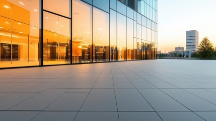 Fototapeta premium Modern office building with glass facade reflecting sunset sky and urban skyline in the distance, featuring spacious outdoor plaza and minimalist architecture