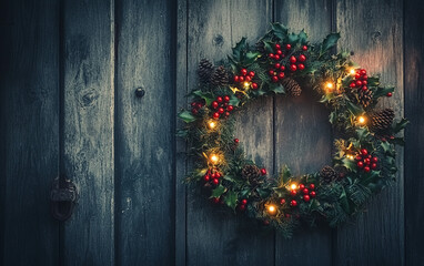 A holly wreath with glowing fairy lights on a rustic door, featuring blank space for text. Perfect for festive holiday designs and winter-themed decorations.

