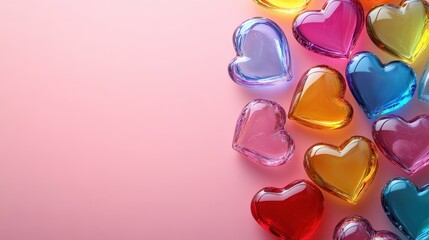 Fototapeta premium An enchanting formation of colorful heart glass gels radiating on a soft pink backdrop, embodying joy.