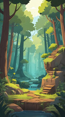 Mobile game asset: 2d forest environment, woods and steps. Level design, cartoon style, platform 