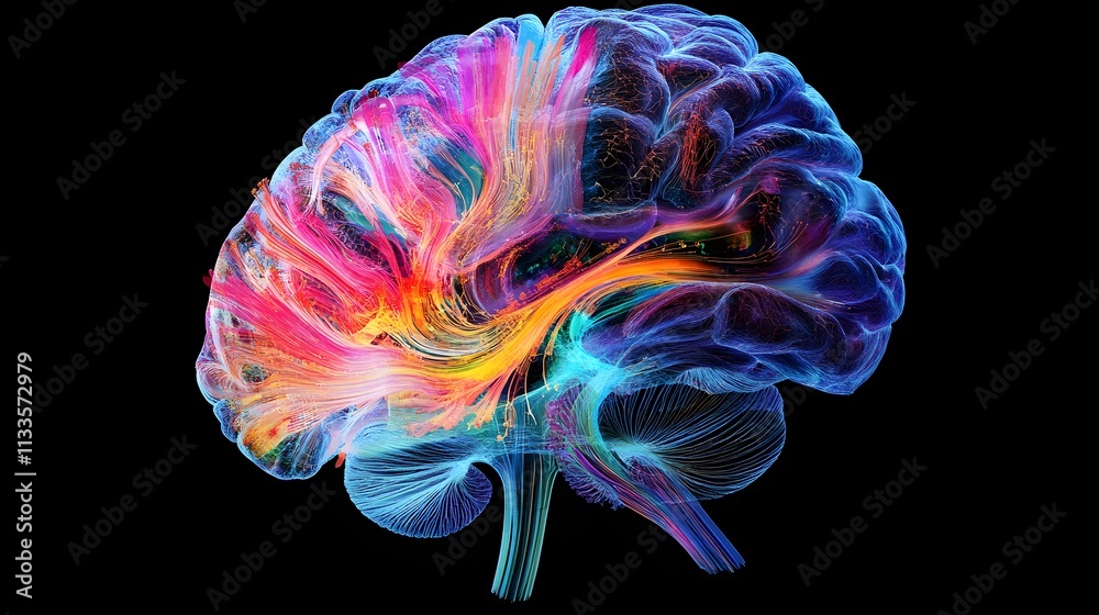 Poster an abstract representation of a human brain, illustrating vibrant neural pathways in a mesmerizing d