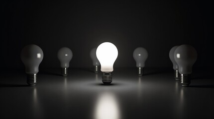 An illuminated light bulb stands out prominently among others in a dim setting, symbolizing creativity, uniqueness, and innovation.

