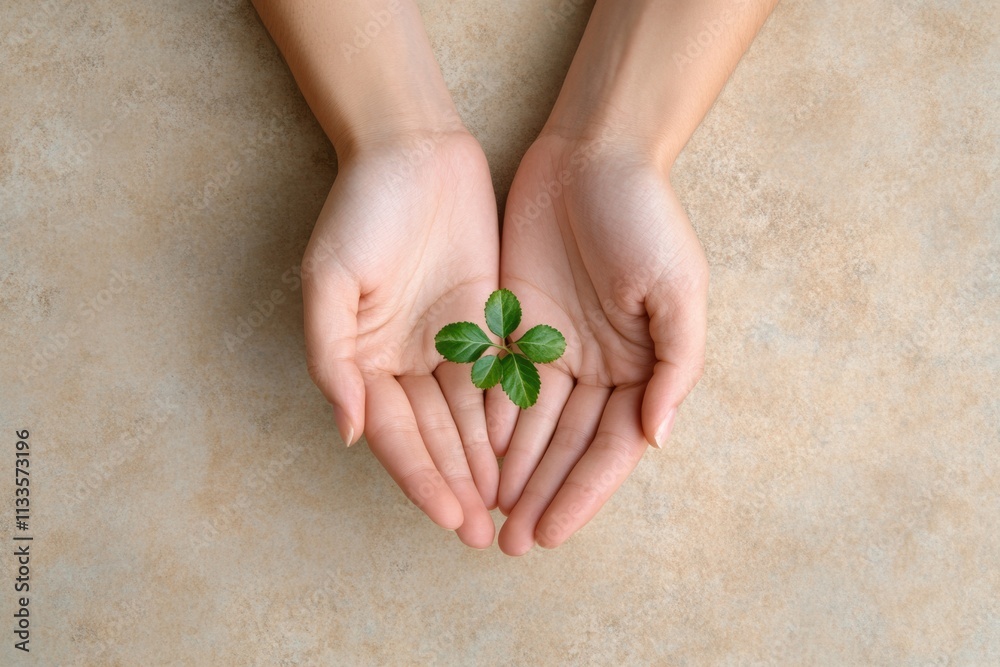 Poster gentle hands cradle a small green seedling, emphasizing care and nurturing in a serene indoor settin