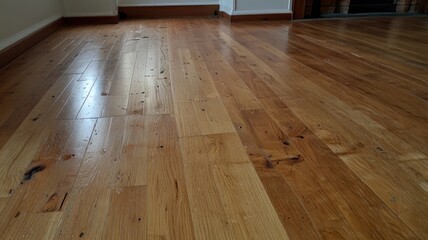 Polished hardwood floor. Sunlight reflecting on a light brown wooden plank floor.