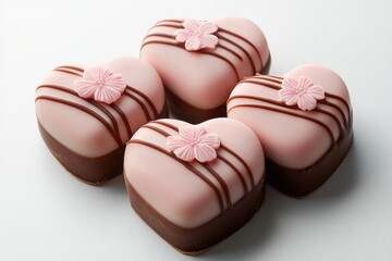 Delightful chocolate-covered heart-shaped cakes for valentine's day bakery dessert photography bright setting close-up love theme