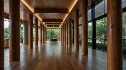 Spacious, modern hall with wooden columns, large windows, and hardwood floors.